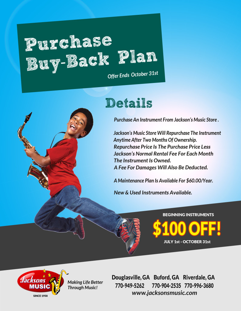 Purchase an instrument from Jackson's Music Store.  We will repurchase the instrument anytime after two months of ownership. Repurchase price is the purchase price less our normal rental fee for each month the instrument is owned. A few for damages will also be deducted.  A maintenance plan is available for $60.00 per year. New and used instruments available.